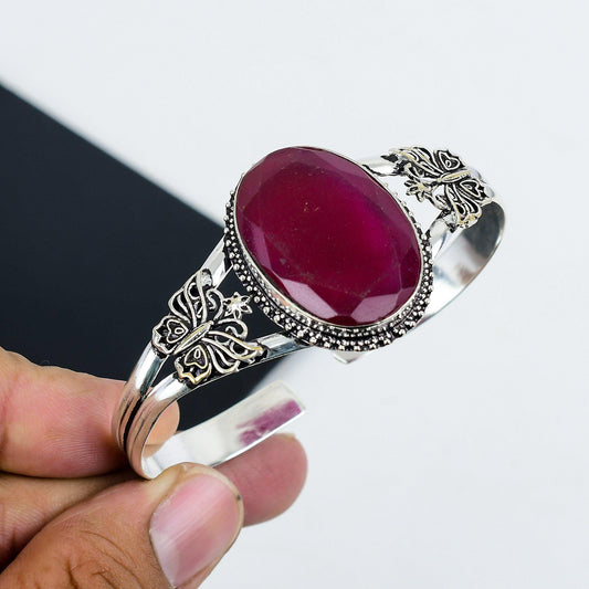 Red Ruby Gemstone Silver Bangle