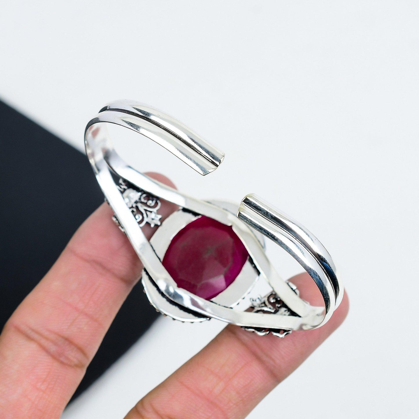 Red Ruby Gemstone Silver Bangle