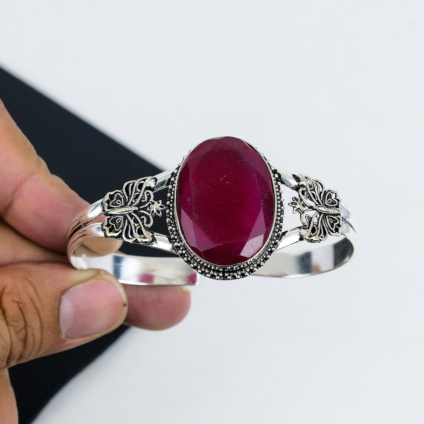 Red Ruby Gemstone Silver Bangle