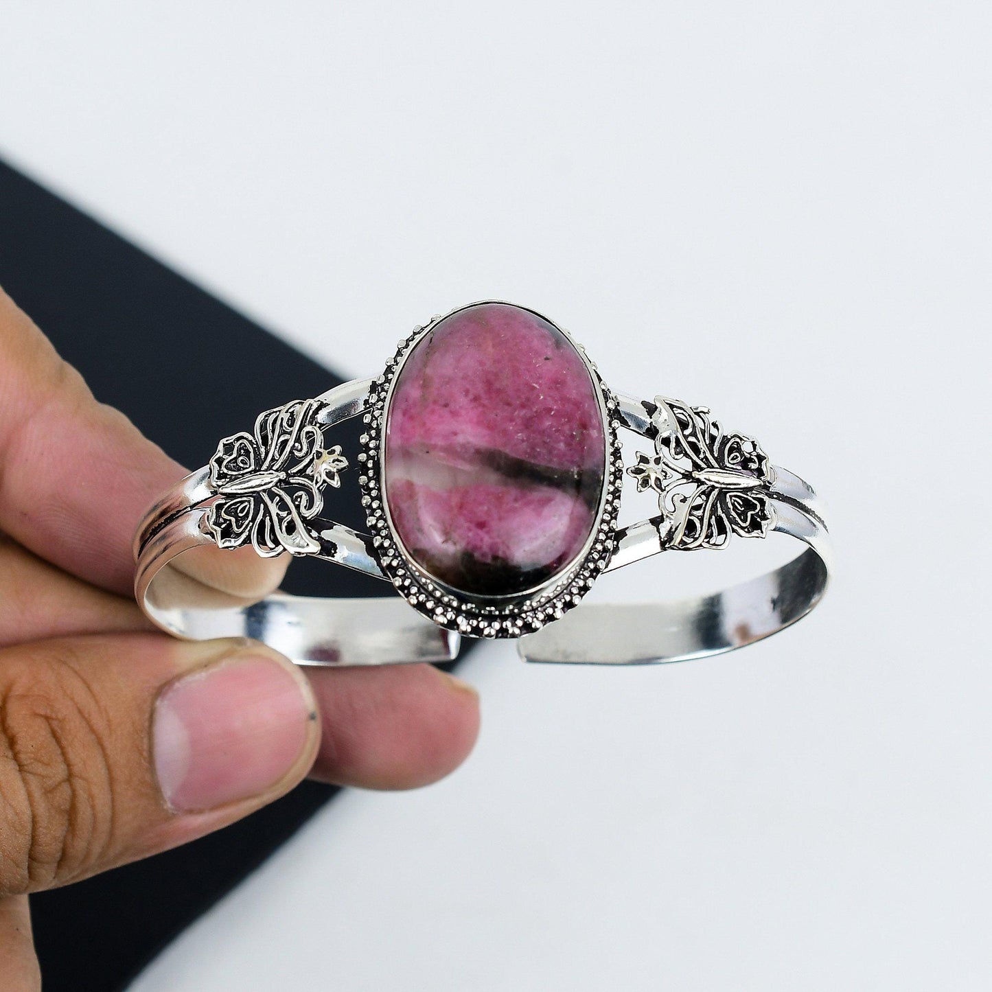 Pink Rhodonite Gemstone Sterling Silver Bangle