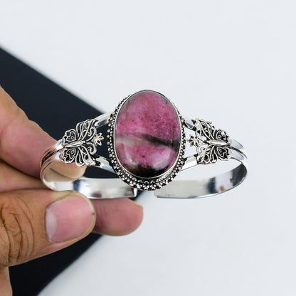 Pink Rhodonite Gemstone Sterling Silver Bangle