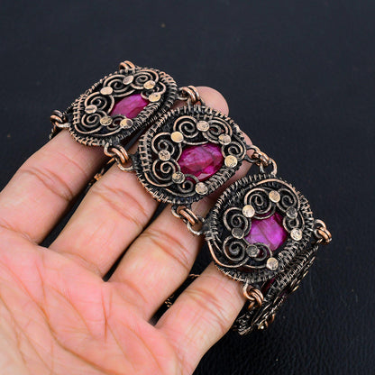 Kashmiri Red Ruby Gemstone Copper Wire Wrapped Bracelet
