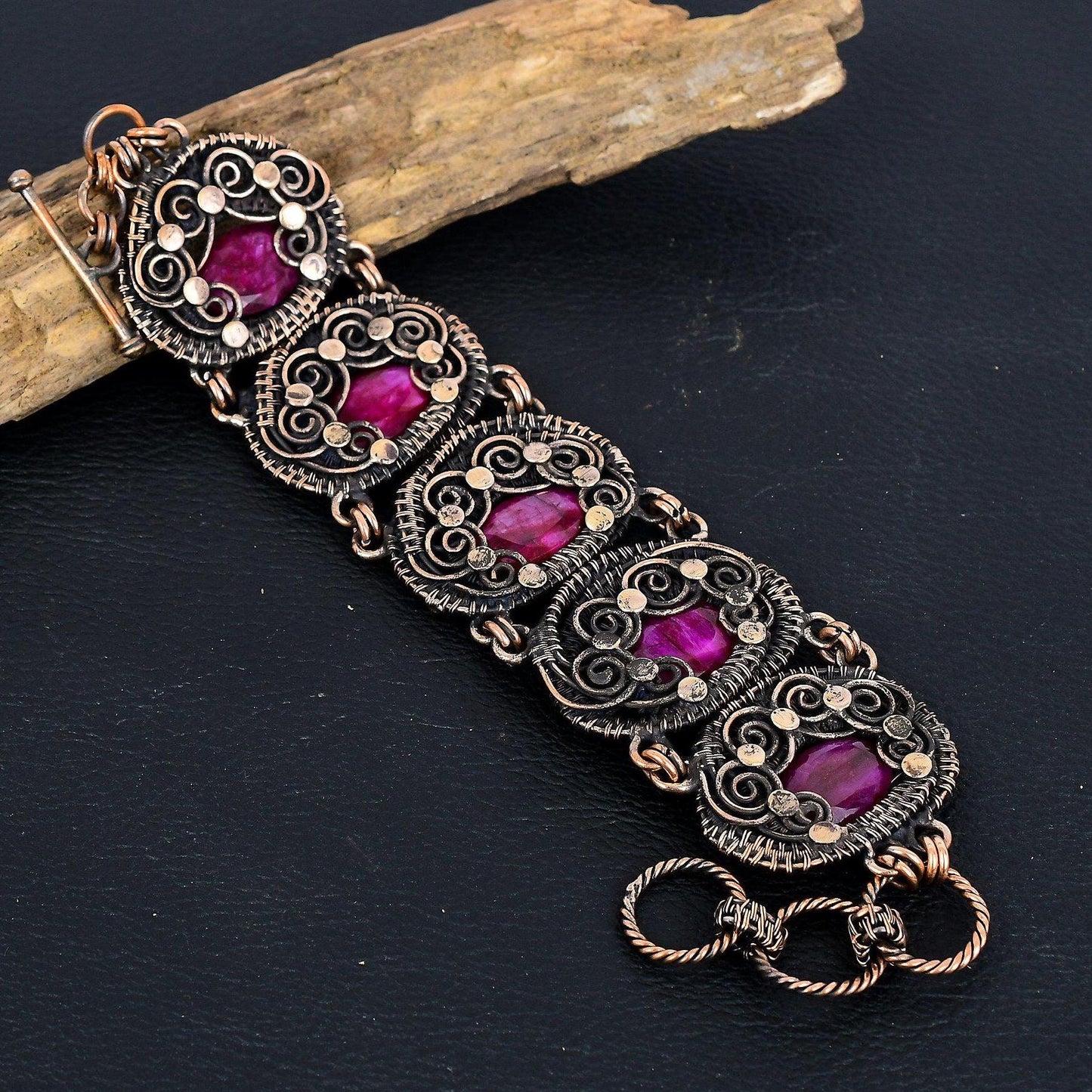 Kashmiri Red Ruby Gemstone Copper Wire Wrapped Bracelet