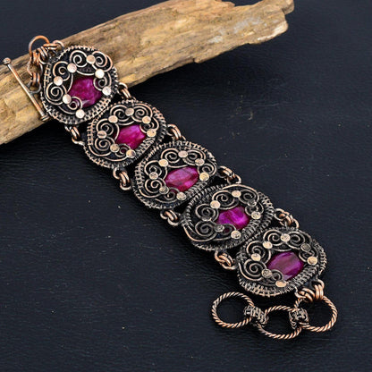 Kashmiri Red Ruby Gemstone Copper Wire Wrapped Bracelet