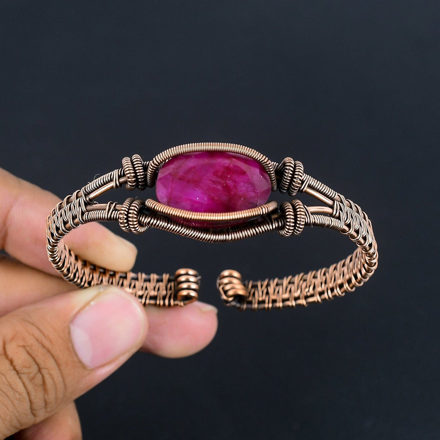 Red Ruby Gemstone Copper Wire Bangle Bracelet