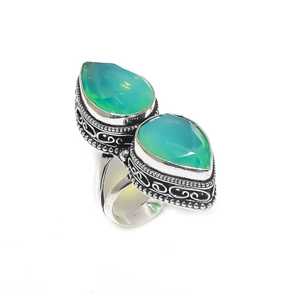 Green Chalcedony Double Stone Silver Ring