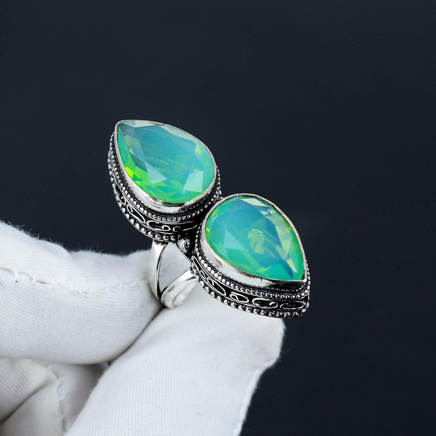 Green Chalcedony Double Stone Silver Ring