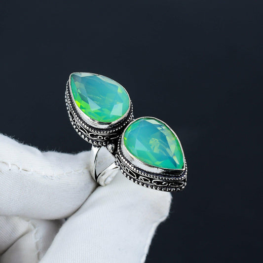 Green Chalcedony Double Stone Silver Ring