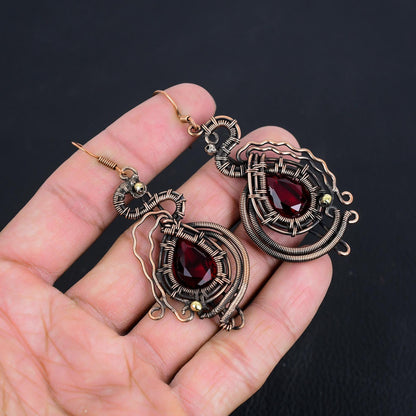 Red Garnet Gemstone Copper Dangle Earrings