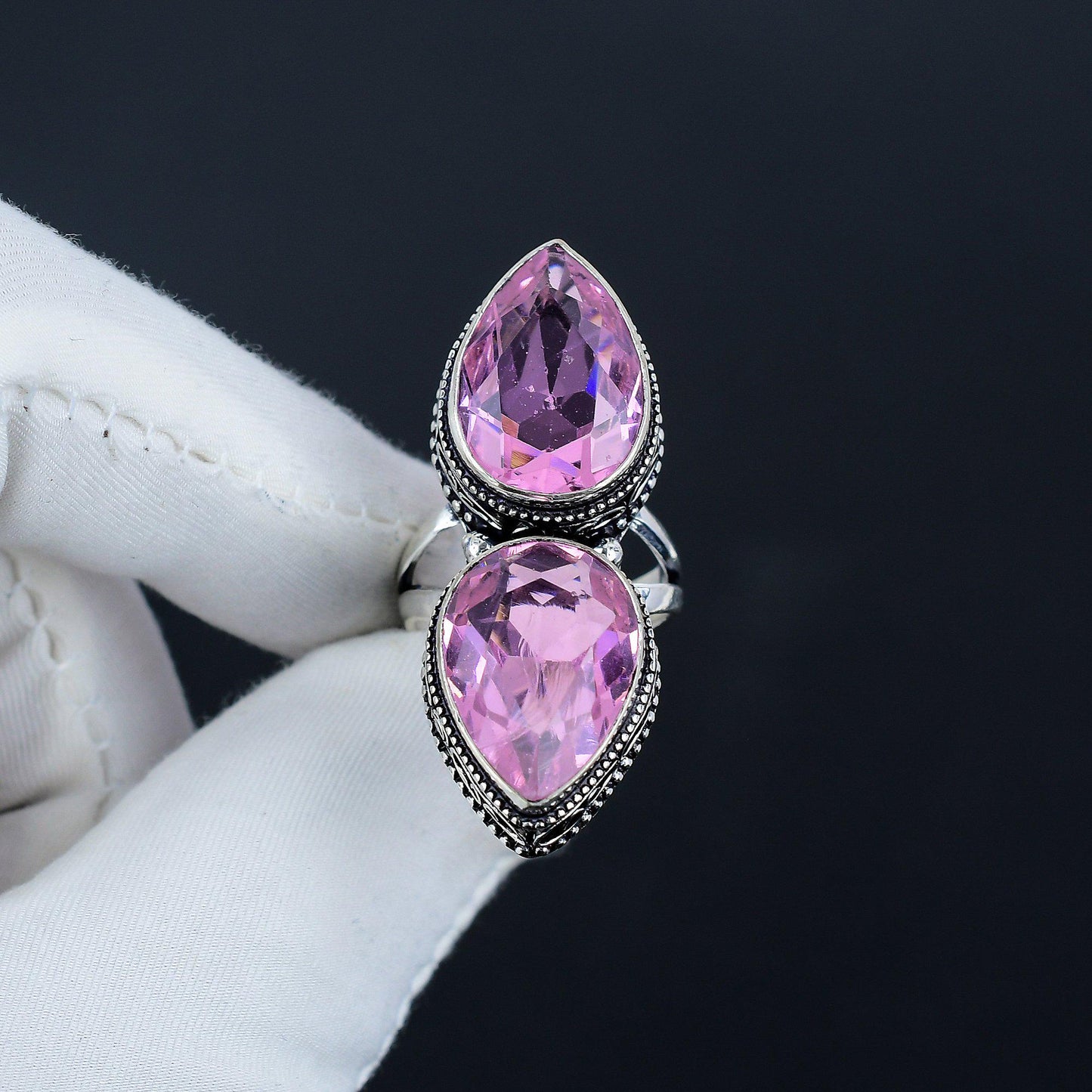 Pink Kunzite Double Teardrop Ring