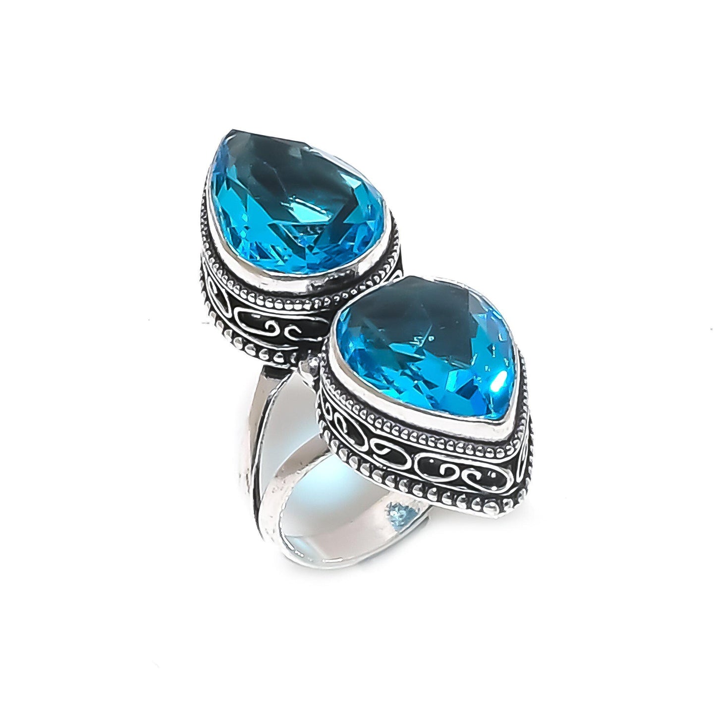 Swiss Blue Topaz Double Teardrop Sterling Silver Ring