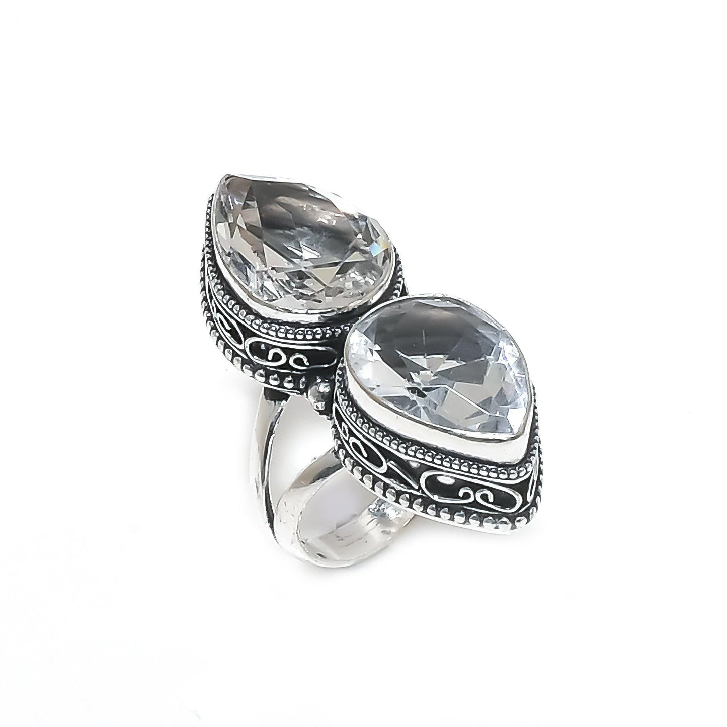 White Topaz Teardrop Double Stone Ring