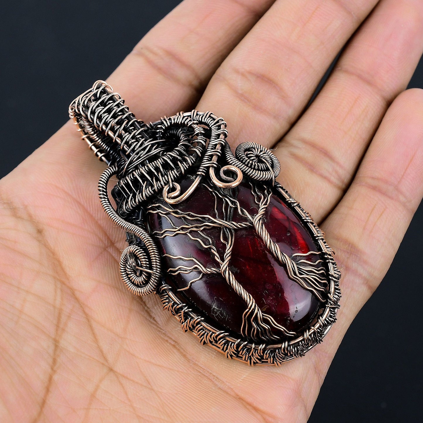 Red Flash Labradorite Gemstone Double Tree of Life Pendant