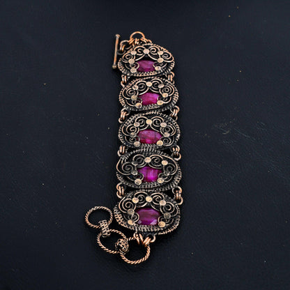 Kashmiri Red Ruby Gemstone Copper Wire Wrapped Bracelet