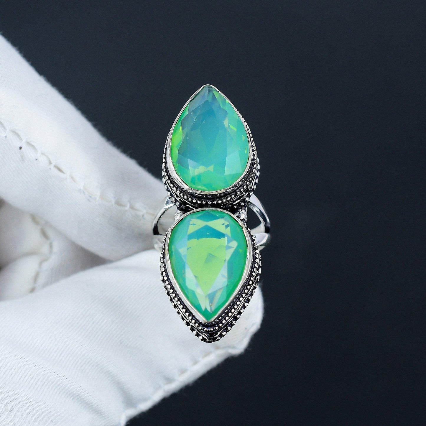 Green Chalcedony Double Stone Silver Ring