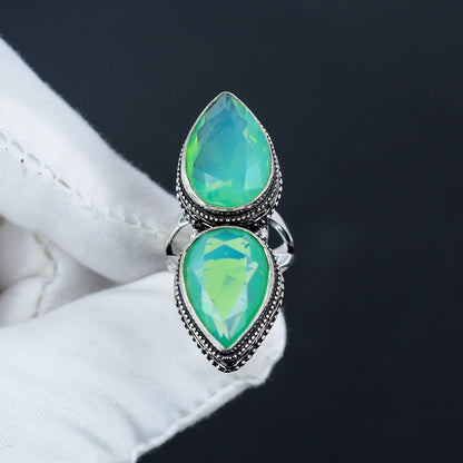 Green Chalcedony Double Stone Silver Ring