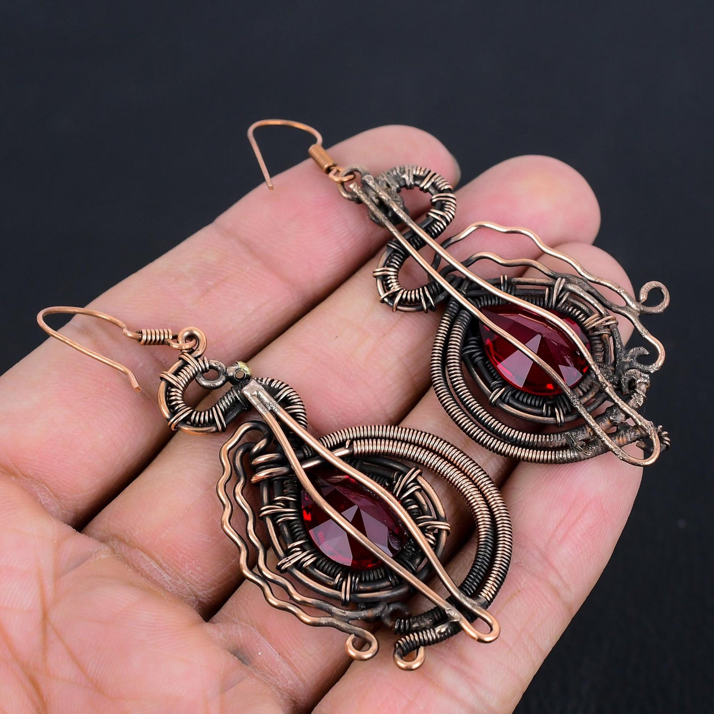 Red Garnet Gemstone Copper Dangle Earrings