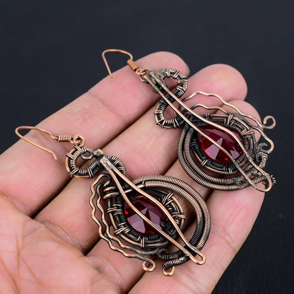 Red Garnet Gemstone Copper Dangle Earrings