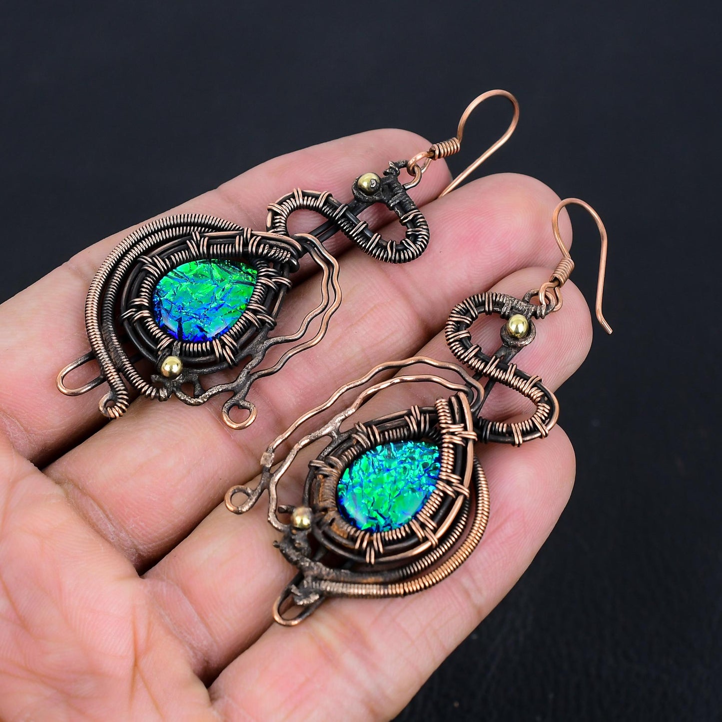 Multicolor Australian Opal Gemstone Copper Dangle Earrings