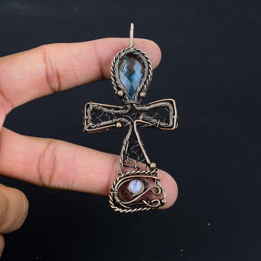 Blue Topaz Gemstone Ankh Pendant