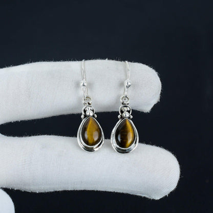 Brown Tiger Eye Gemstone Dangle Earrings