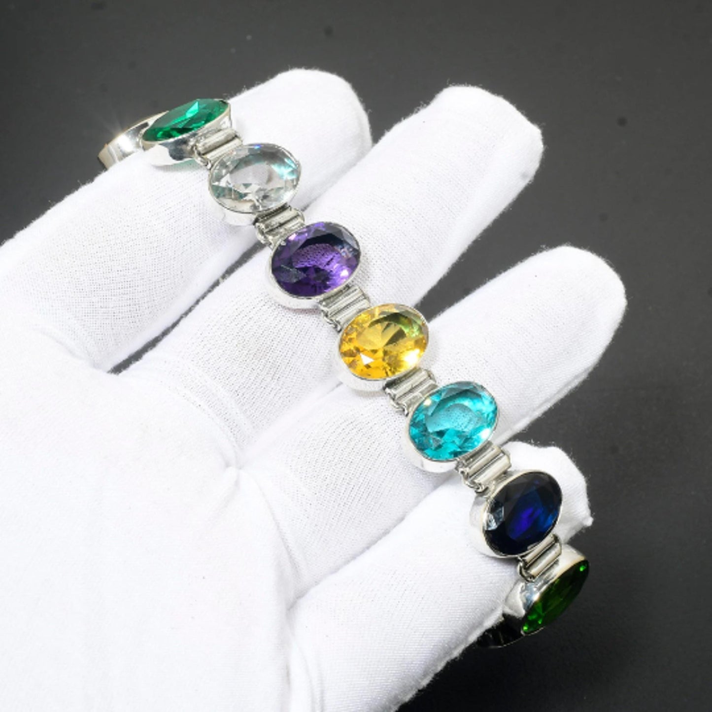 Multi-Color Gemstone Sterling Silver Bracelet