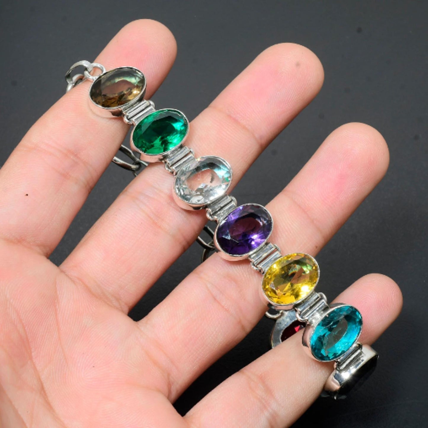 Multi-Color Gemstone Sterling Silver Bracelet