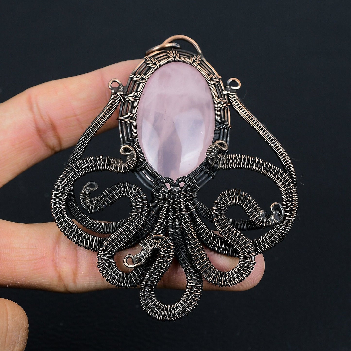 Pink Rose Quartz Gemstone Octopus Pendant