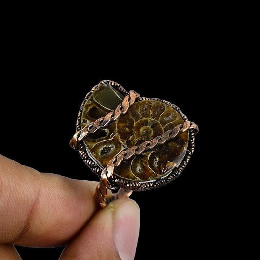 Brown Ammonite Gemstone Copper Ring