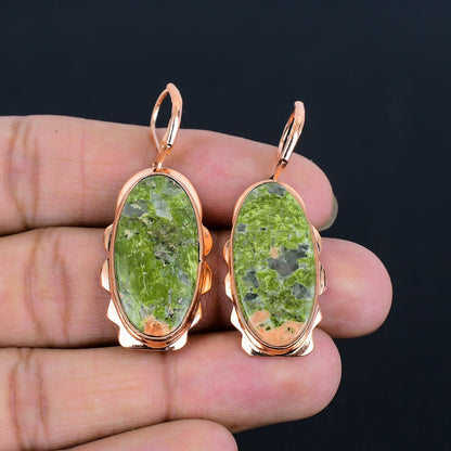 Green-Pink Unakite Gemstone Copper Earrings