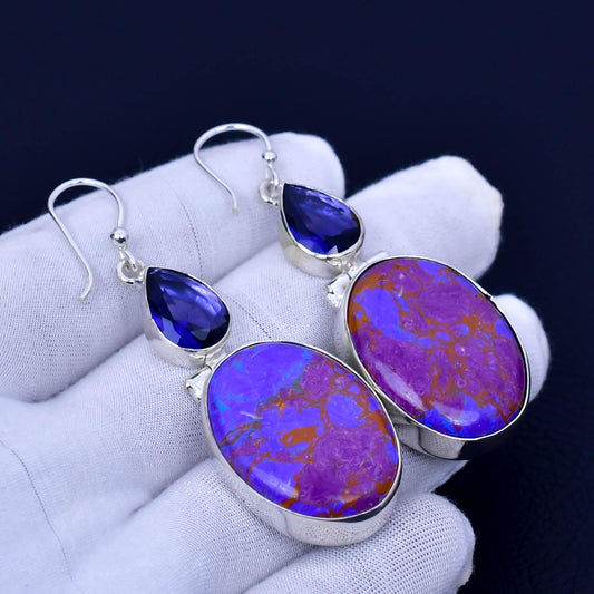 Purple Copper Turquoise Sterling Silver Dangle Earrings