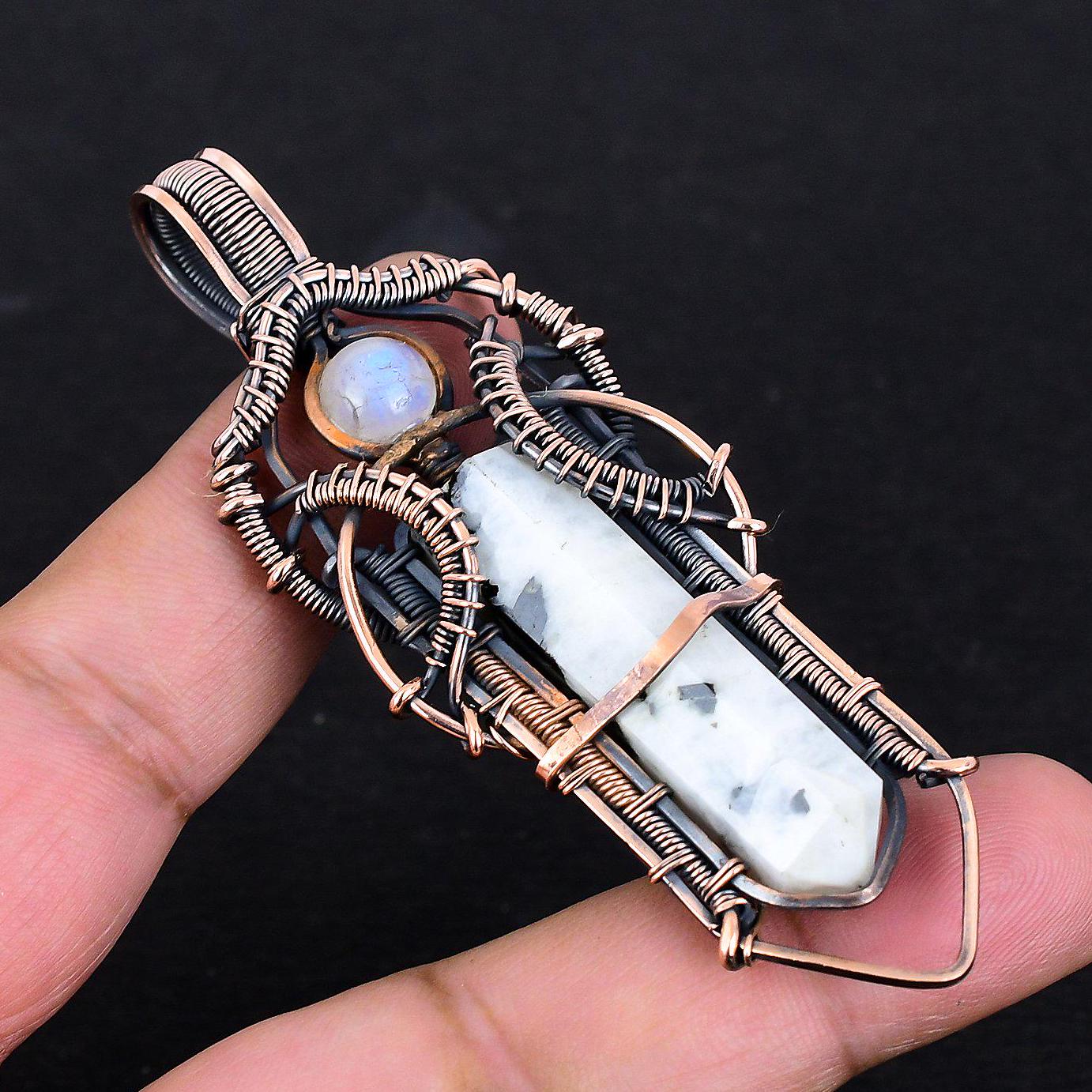 White Moonstone Gemstone Copper Wire Pendant