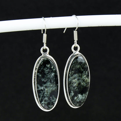 Black Larvikite Oval Sterling Silver Earrings