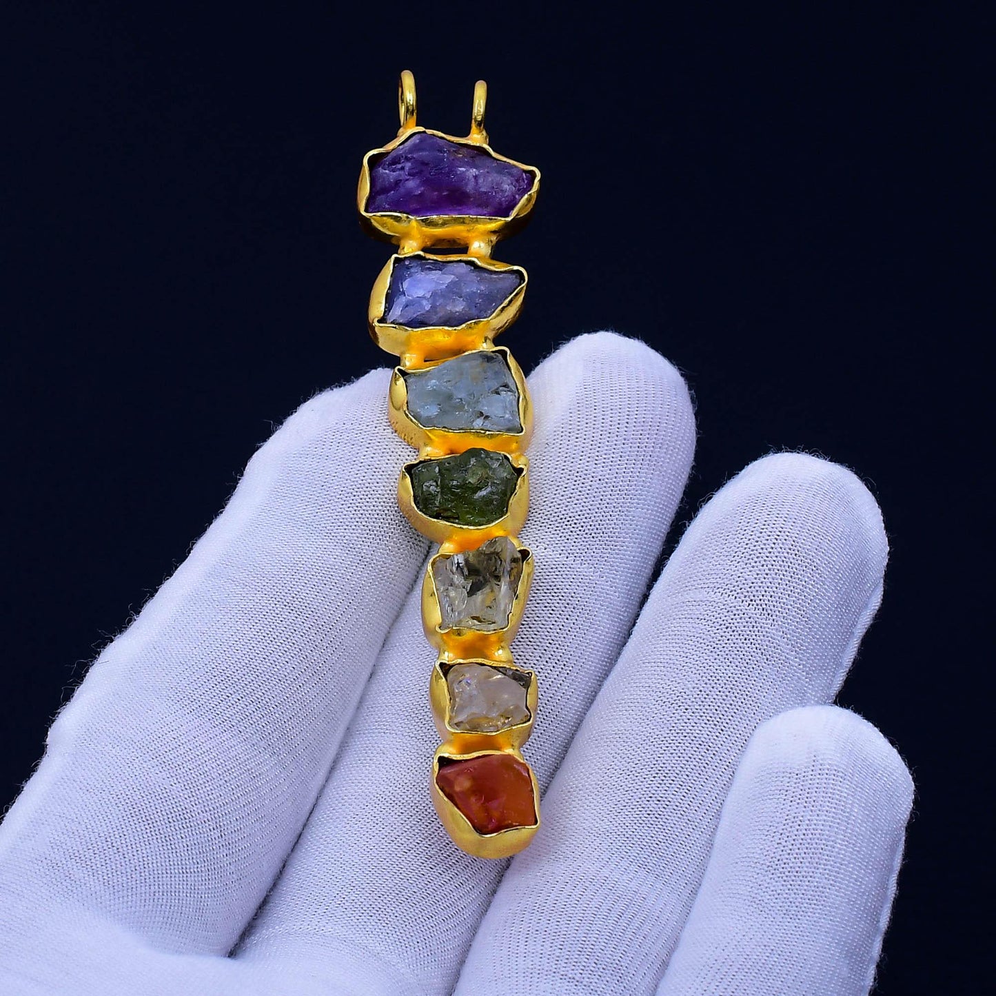 Yellow Gold 7 Chakras Raw Gemstone Pendant