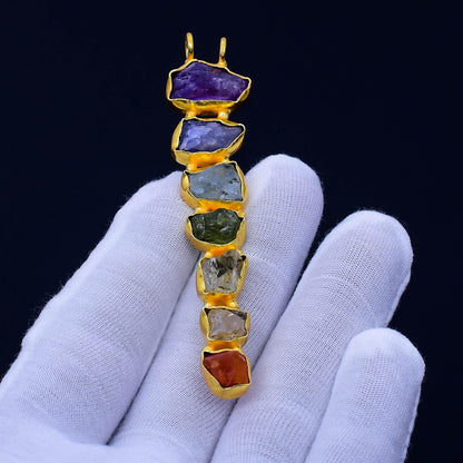 Yellow Gold 7 Chakras Raw Gemstone Pendant