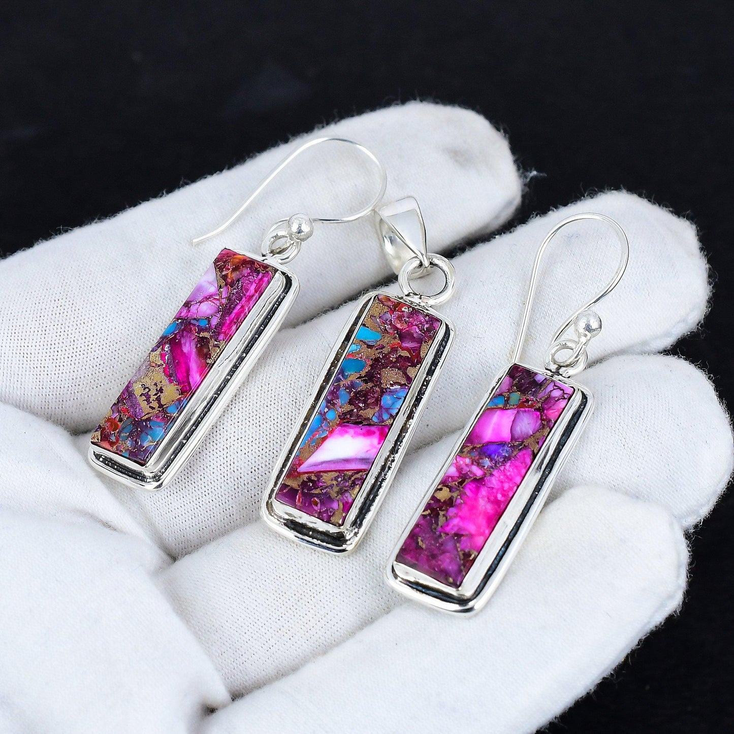 Dahlia Pink Spiny Oyster Gemstone Pendant & Earrings