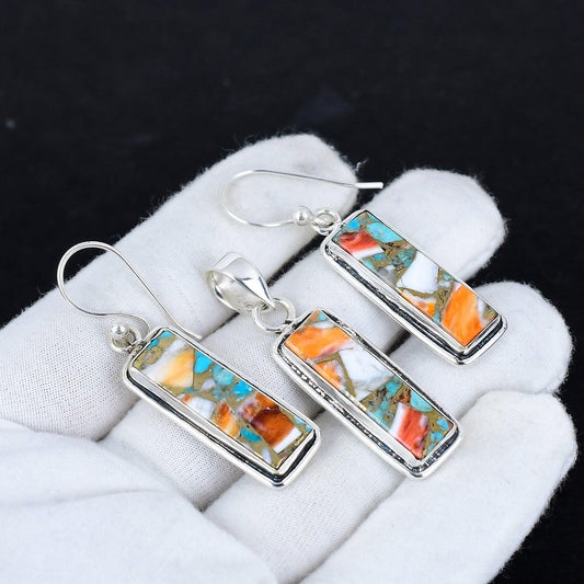 Orange Spiny Oyster Gemstone Pendant and Earrings Set