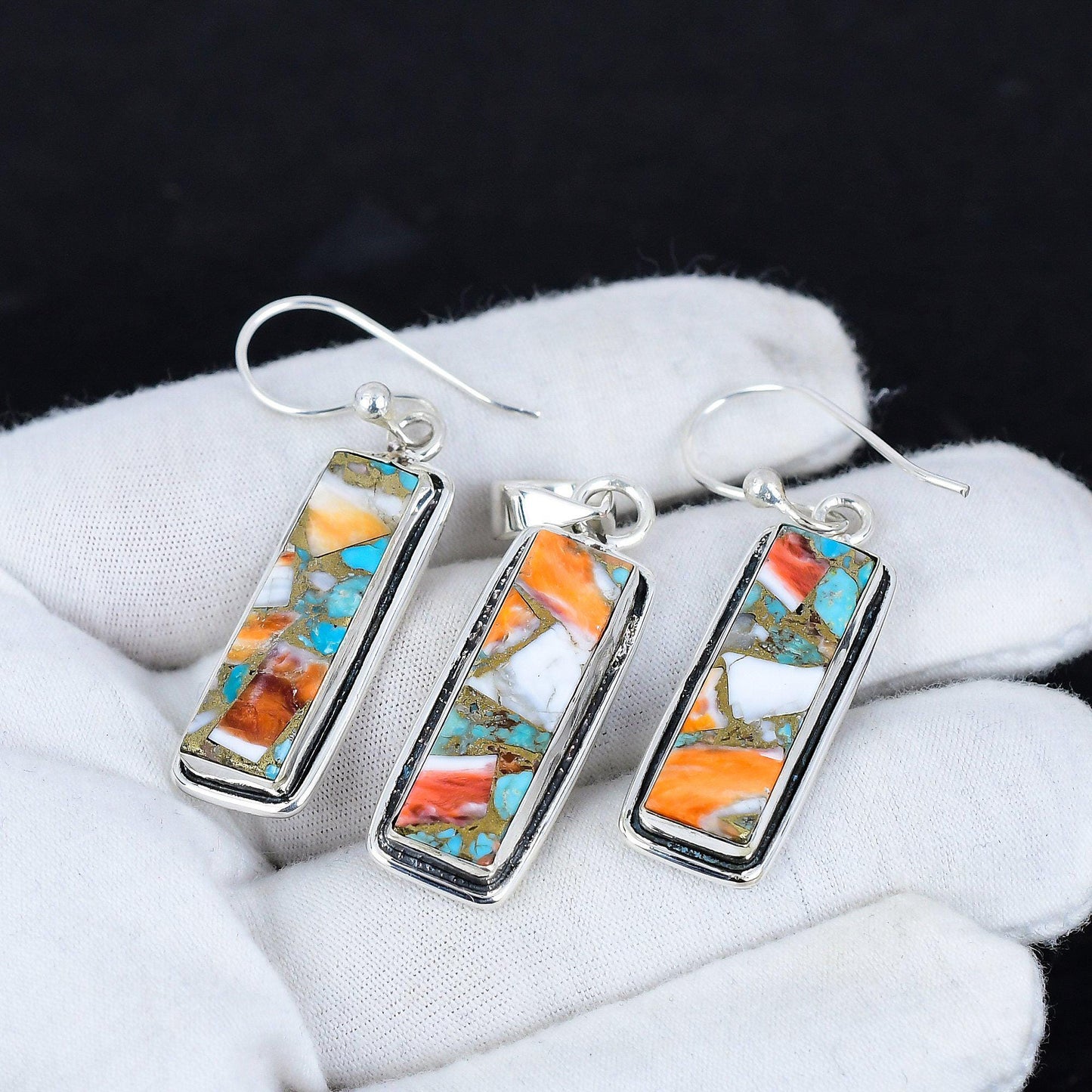 Orange Spiny Oyster Gemstone Pendant and Earrings Set
