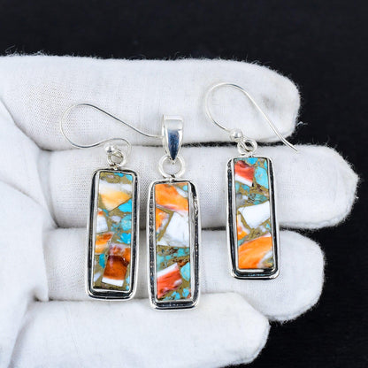 Orange Spiny Oyster Gemstone Pendant and Earrings Set