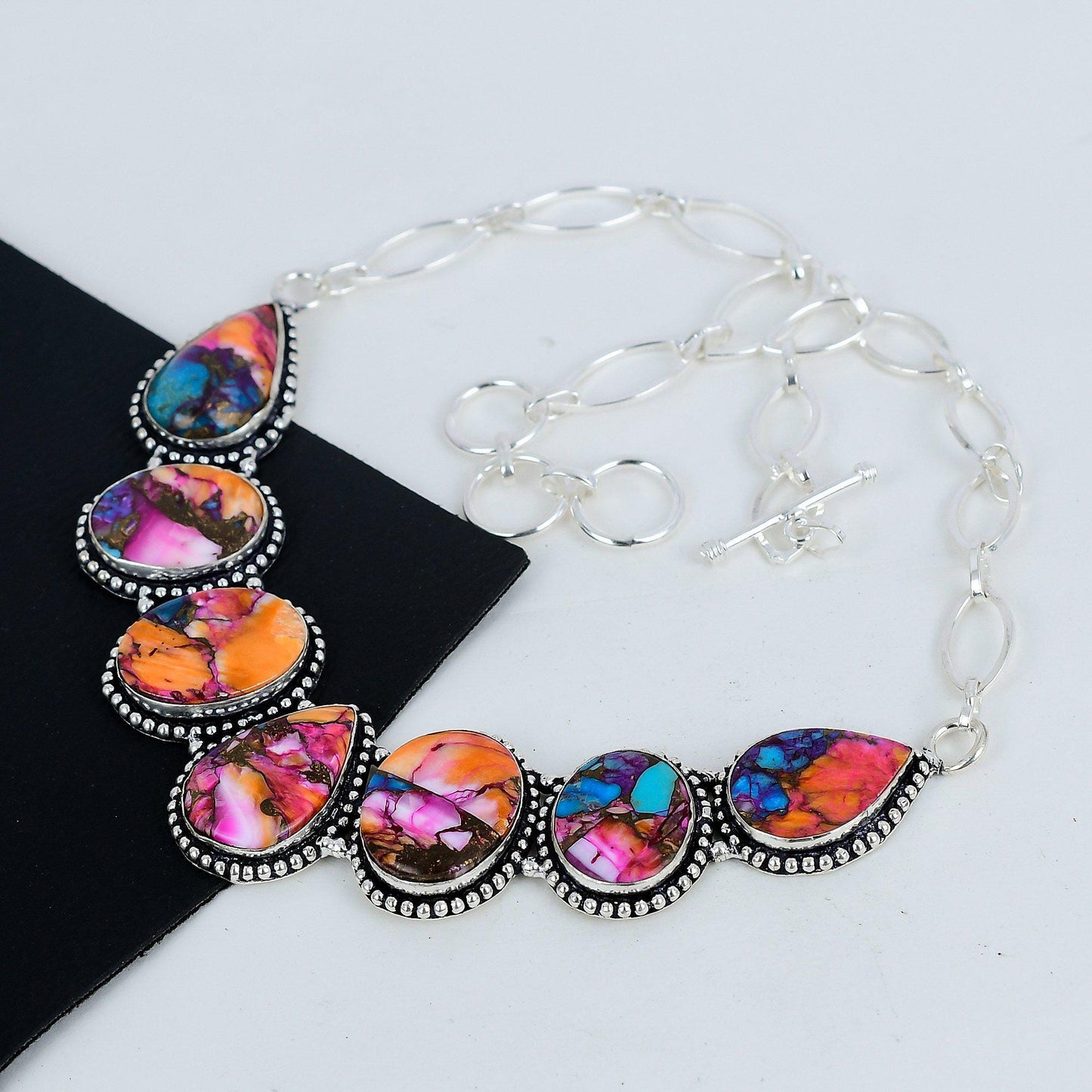 Multi-Color Spiny Oyster Sterling Silver Necklace