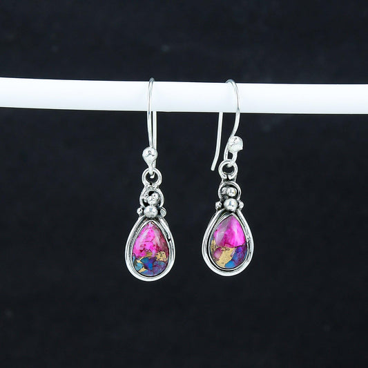 Orange Spiny Oyster Gemstone Silver Dangle Earrings