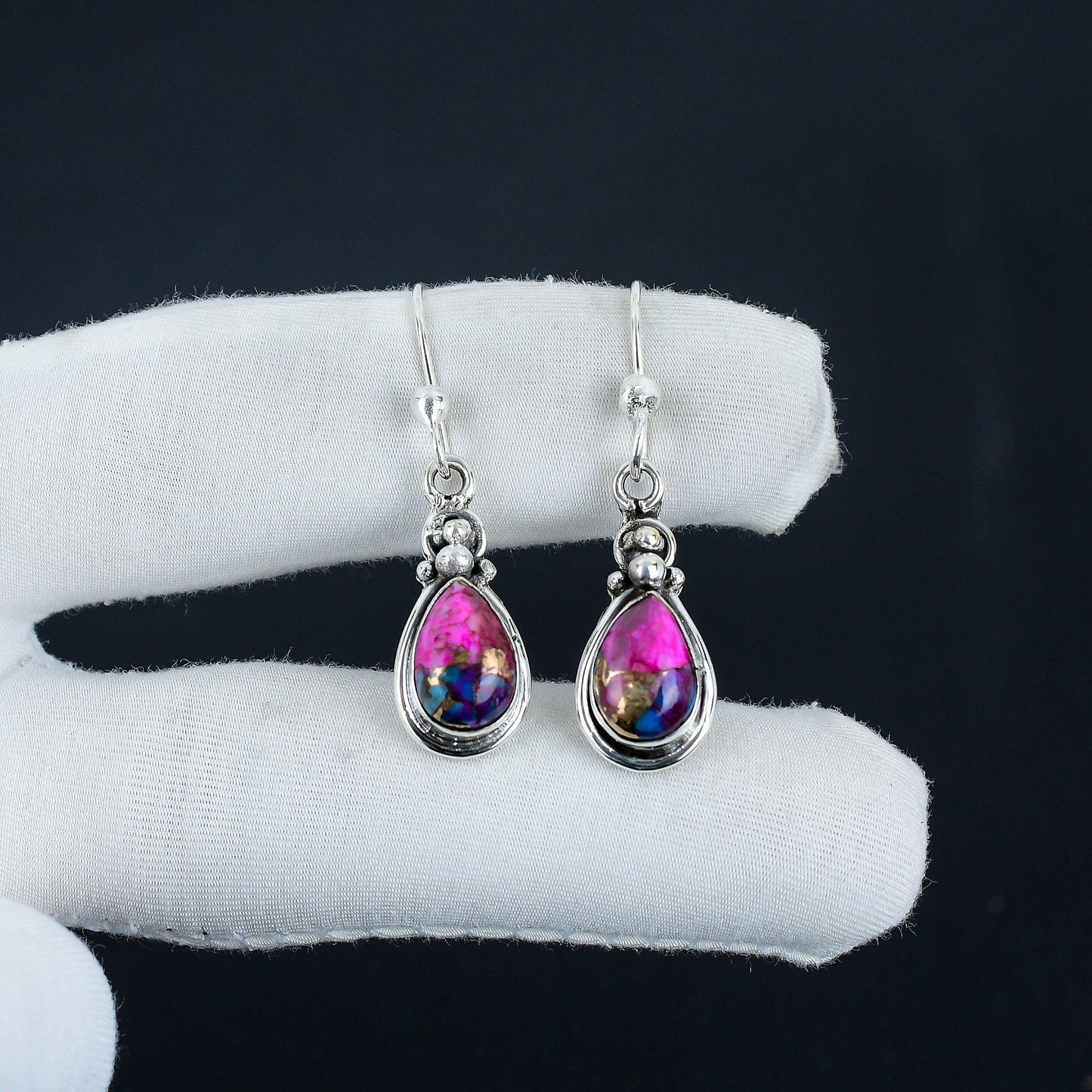 Orange Spiny Oyster Gemstone Silver Dangle Earrings