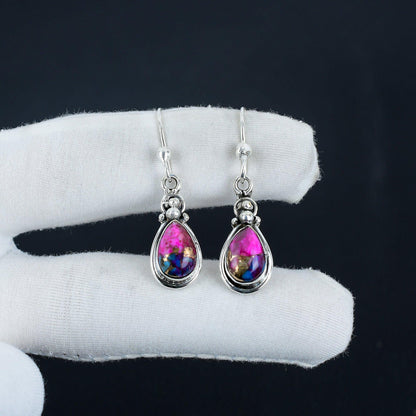 Orange Spiny Oyster Gemstone Silver Dangle Earrings