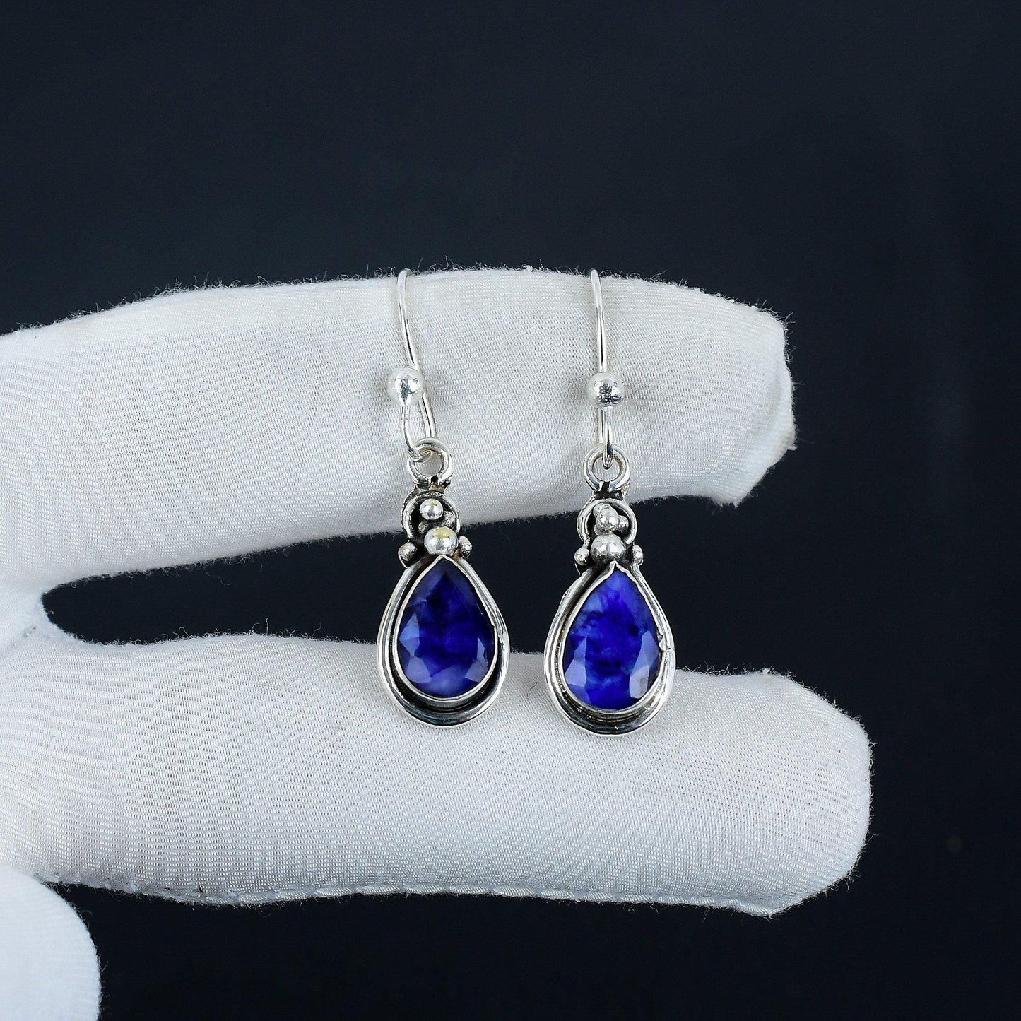 Blue Sapphire Teardrop Dangle Earrings