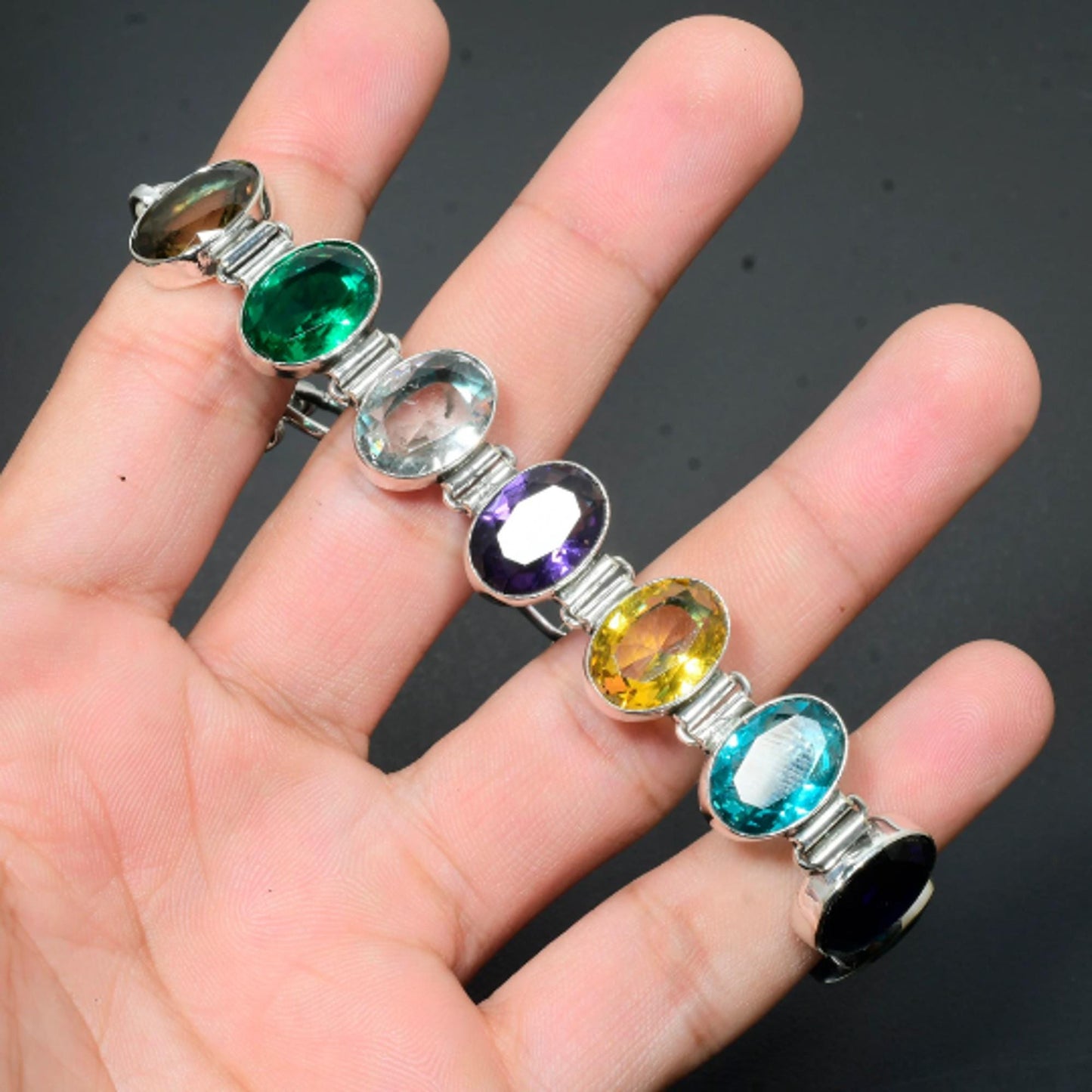 Multi-Color Gemstone Sterling Silver Bracelet