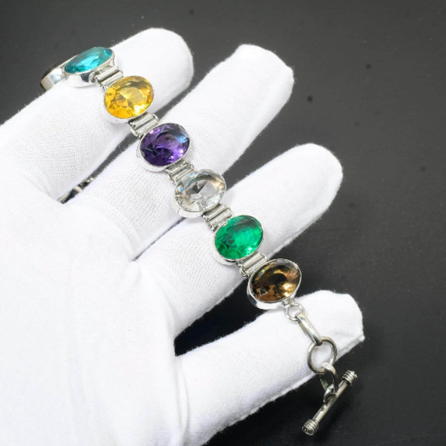 Multi-Color Gemstone Sterling Silver Bracelet