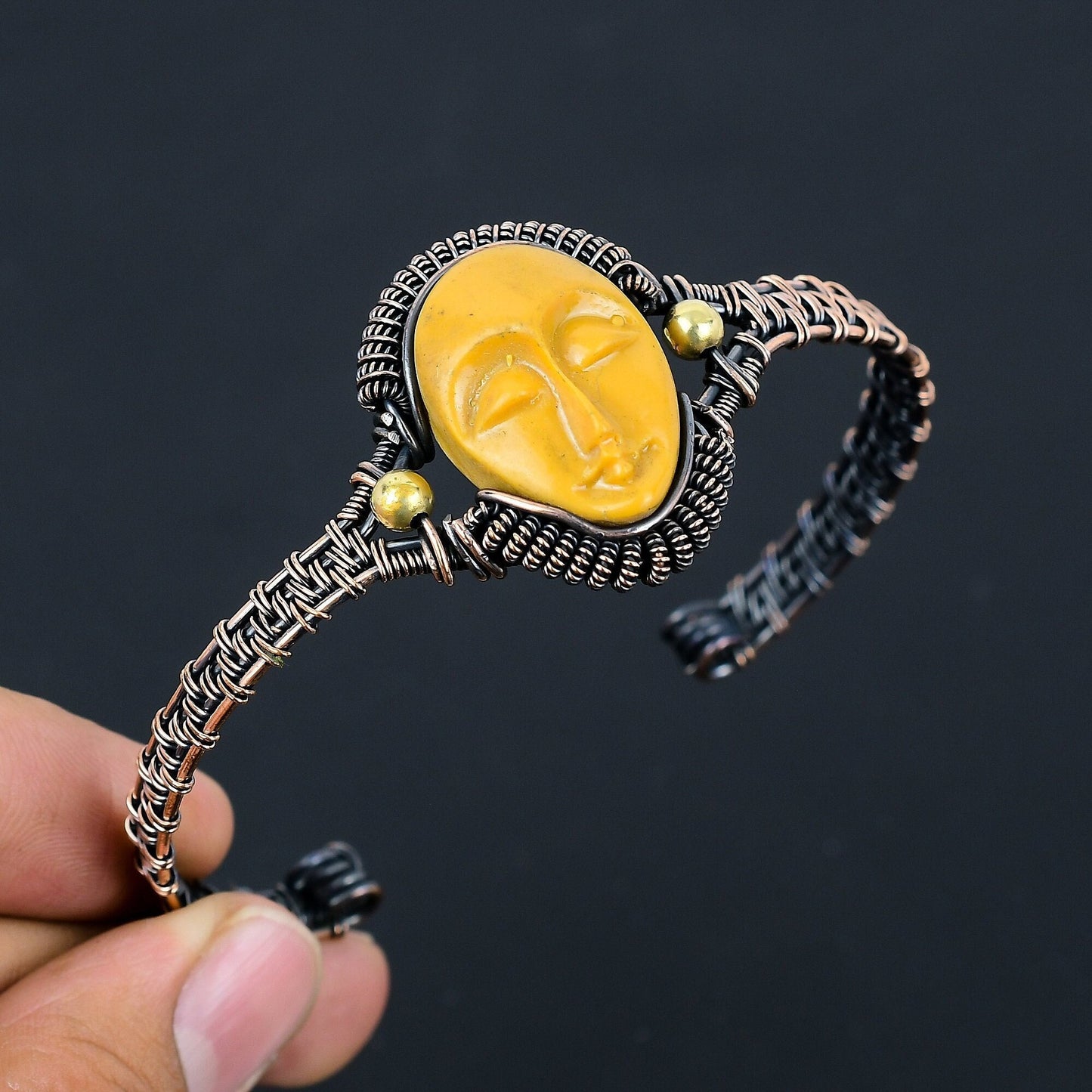 Mustard Gemstone Copper Wire Cuff Bracelet