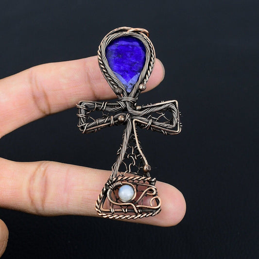 Blue Sapphire Gemstone Ankh Pendant