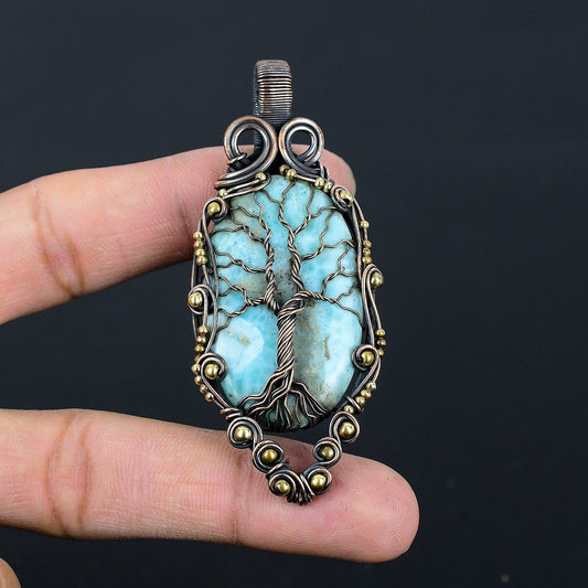 Blue Larimar Gemstone Tree of Life Pendant