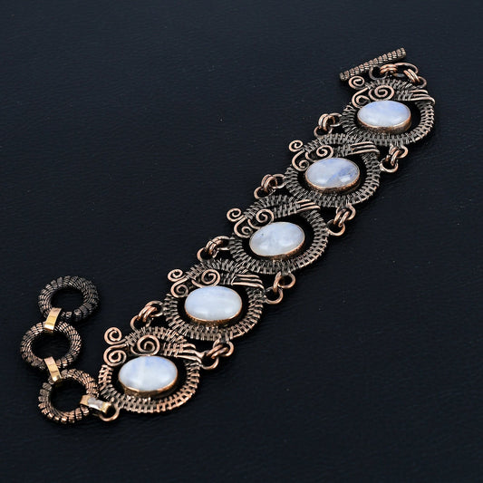 Rainbow Moonstone Gemstone Copper Wrapped Bracelet
